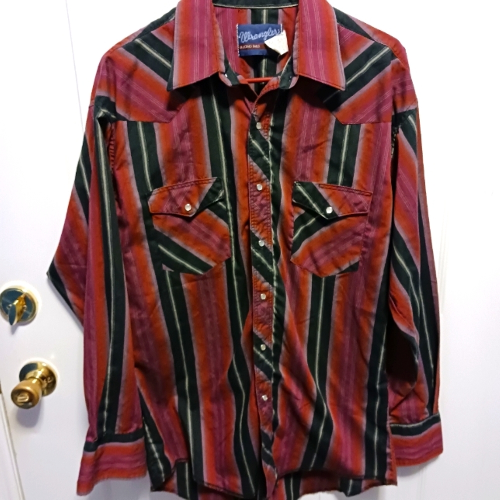 Vtg Wrangler Xlong Tails Long Sleeve Pearl Snap Stripe Western Shirt 16 1/2 x 34